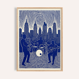 Bold Jazz Band Wall Art poster with saxophonist, drummer, guitarist and skyline