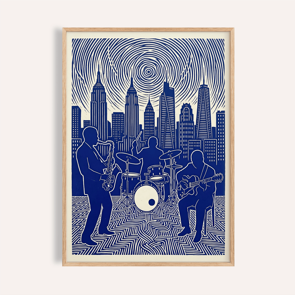 Bold Jazz Band Wall Art poster with saxophonist, drummer, guitarist and skyline