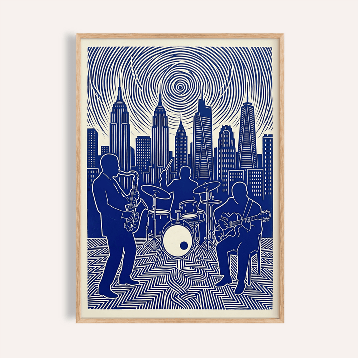 Bold Jazz Band Wall Art poster with saxophonist, drummer, guitarist and skyline