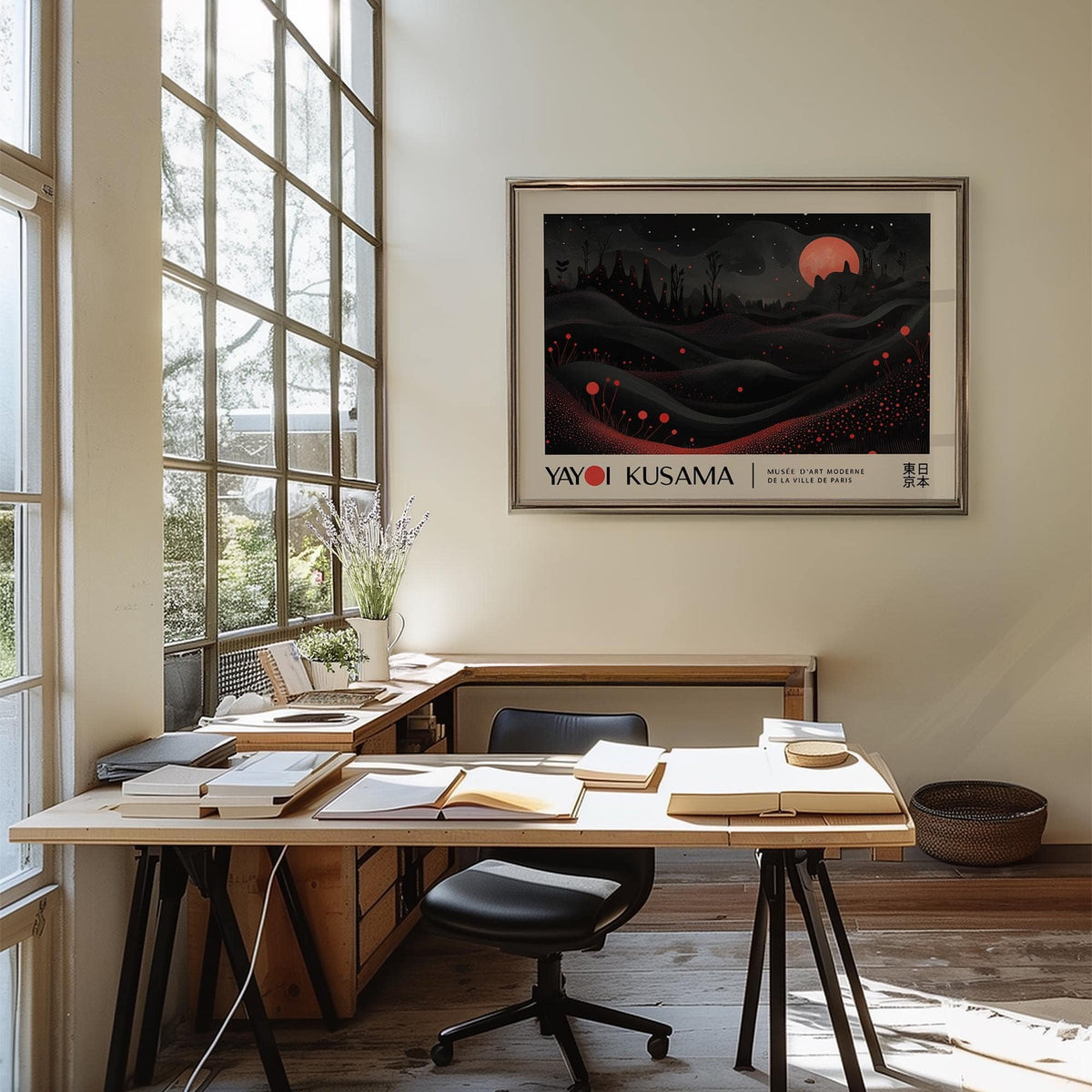 Abstract Kusama-inspired lunar artwork for modern decor.