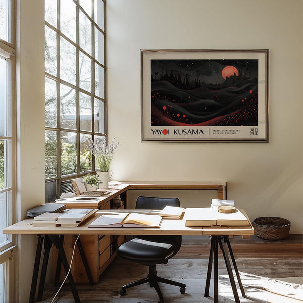 Abstract Kusama-inspired lunar artwork for modern decor.