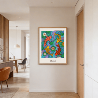 Modern illustrative wall art print with koi fish, circular ripples, and mosaic textures