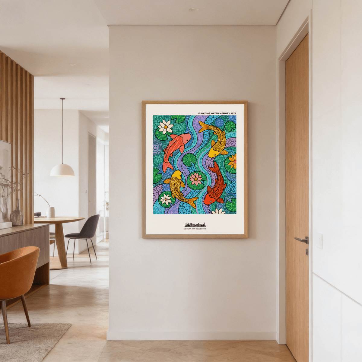 Modern illustrative wall art print with koi fish, circular ripples, and mosaic textures