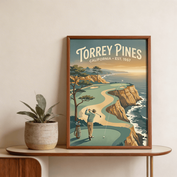 Torrey Pines Golf Wall Art landscape featuring curved fairway and flag