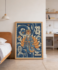Bold linework wall art print of a kitsune with fan-like tails and repeating wave shapes