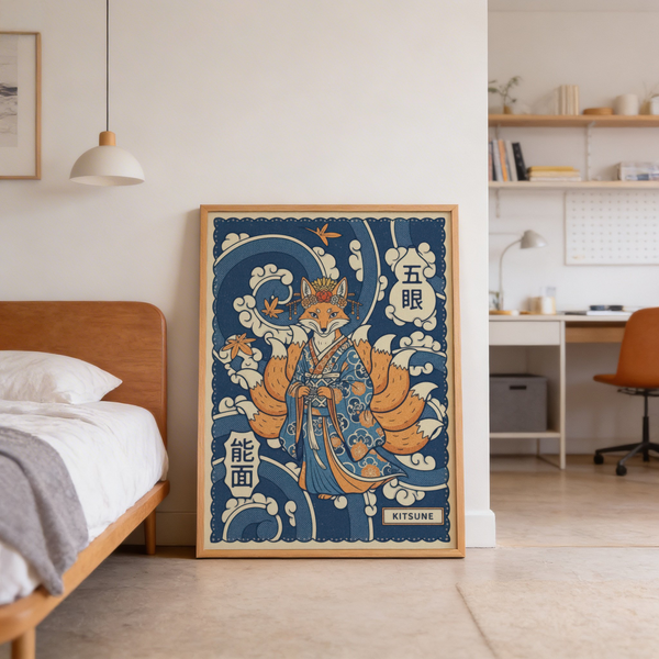 Bold linework wall art print of a kitsune with fan-like tails and repeating wave shapes