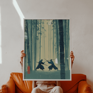 Samurai Bamboo Wall Art featuring crossed katana blades and layered vertical stalks