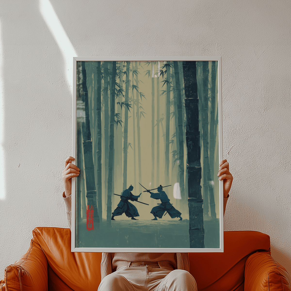Samurai Bamboo Wall Art featuring crossed katana blades and layered vertical stalks