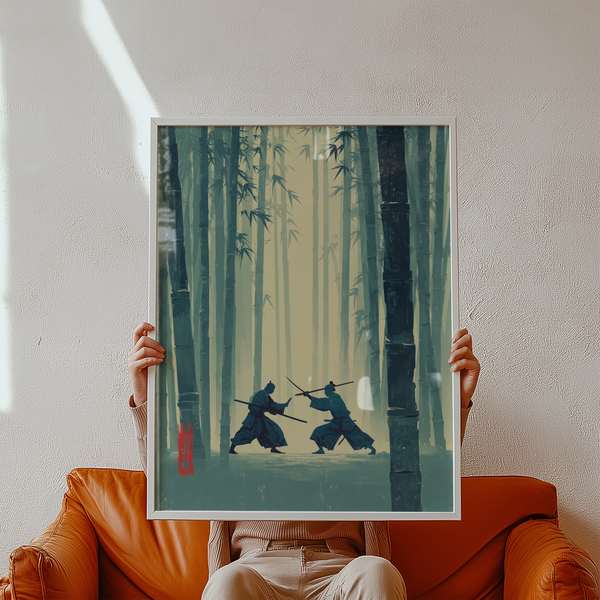 Samurai Bamboo Wall Art featuring crossed katana blades and layered vertical stalks
