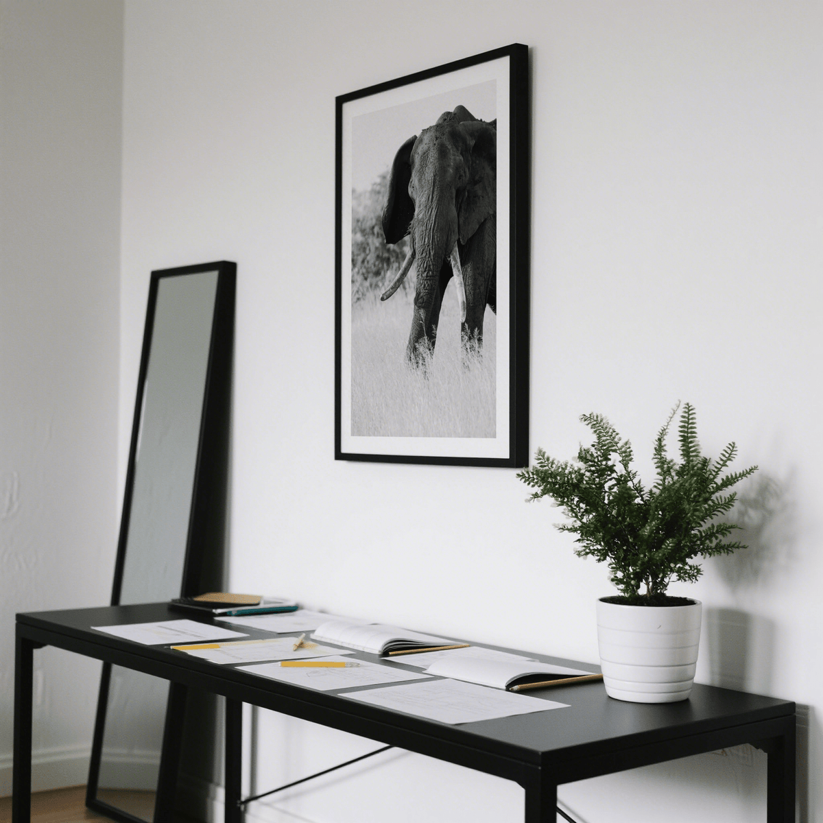 Monochrome elephant head and shoulders poster featuring trunk and tusks