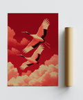 Cranes Flying Wall Art, vibrant red, office, poster