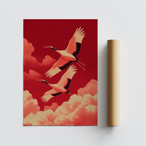 Cranes Flying Wall Art, vibrant red, office, poster
