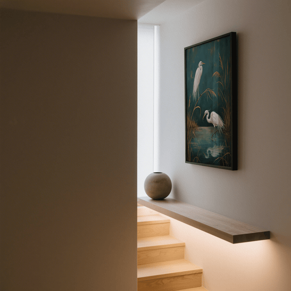 Egret Wall Art highlighting blue and gold tones for a tranquil office print