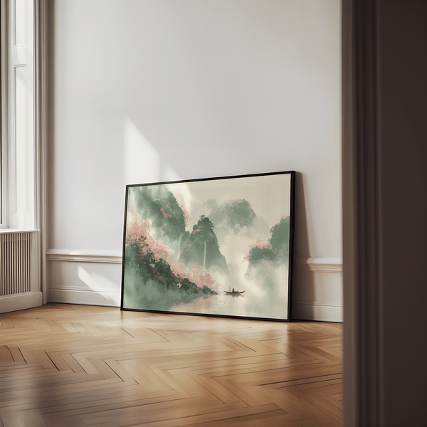 Mountain Landscape Art Print featuring pink blossoms, ideal for bedroom decor