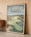 Depicting golf ball in flight over fairway and sand traps print poster