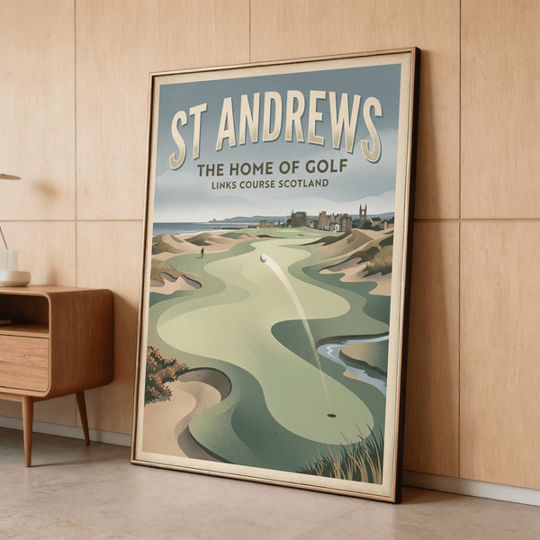 Depicting golf ball in flight over fairway and sand traps print poster