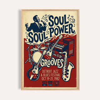 Featuring Soul Music Art Print poster with singer, “Soul Power” text, and instruments
