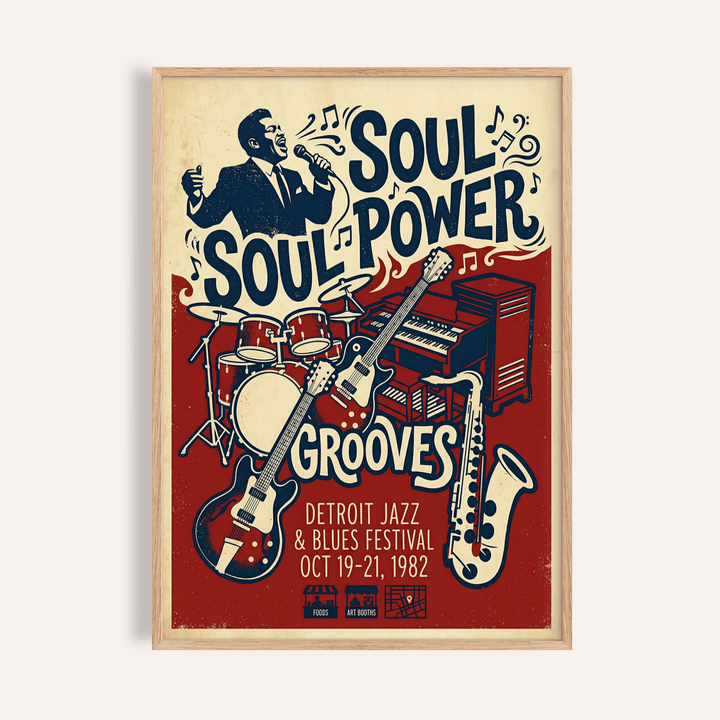 Featuring Soul Music Art Print poster with singer, “Soul Power” text, and instruments