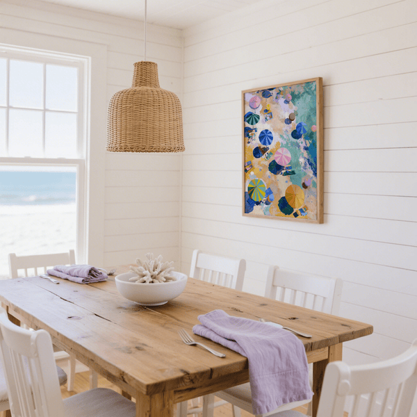 Beach Umbrellas Print for office wall art with Blue, Beige, and Pink hues