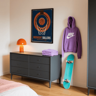 Graphic basketball print featuring concentric rings, net lines, and worn speckle finish