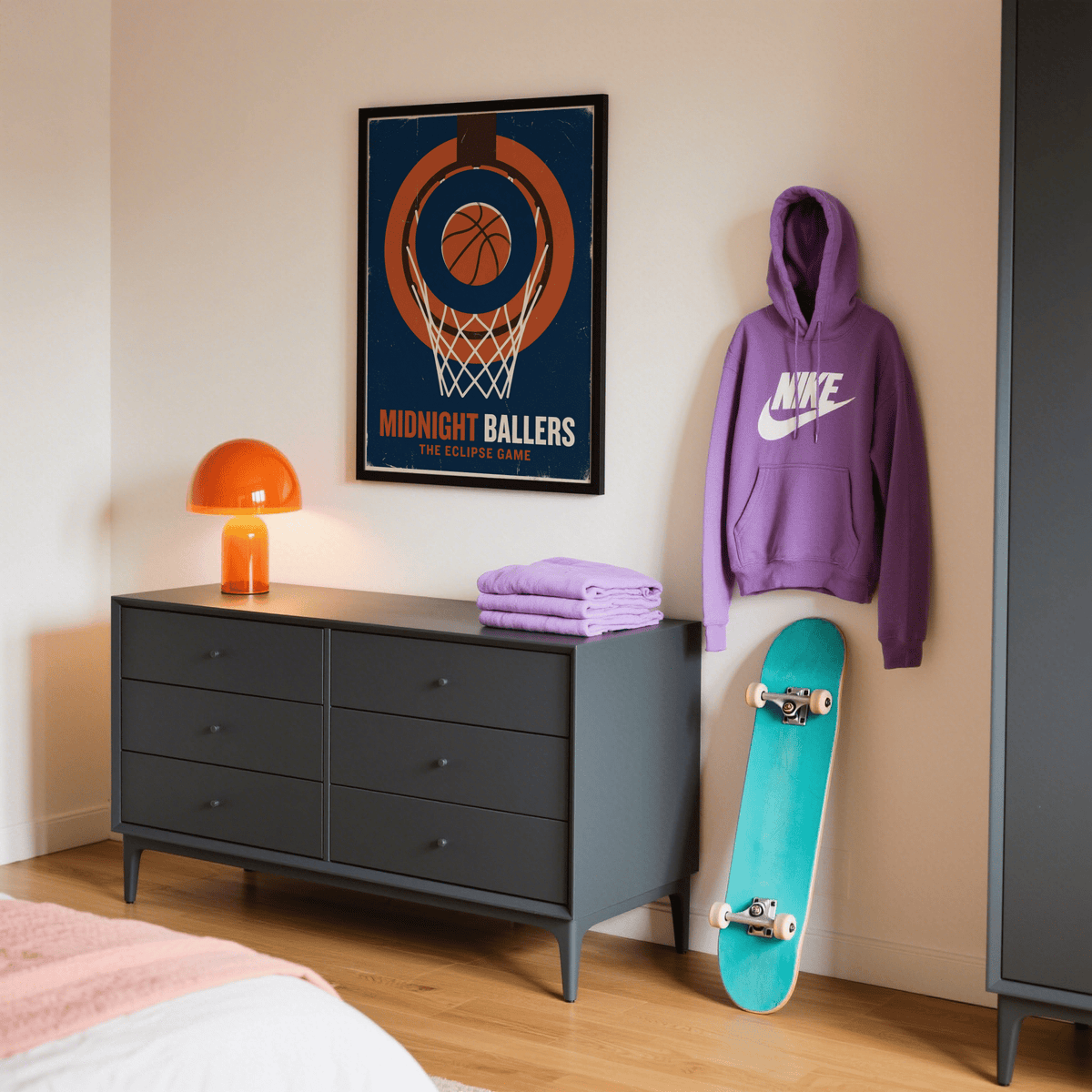 Graphic basketball print featuring concentric rings, net lines, and worn speckle finish