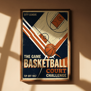 Graphic basketball court poster print in Blue, Orange, and Beige