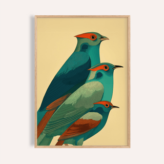 Featuring three stylized birds poster with fine line feather texture on an open background