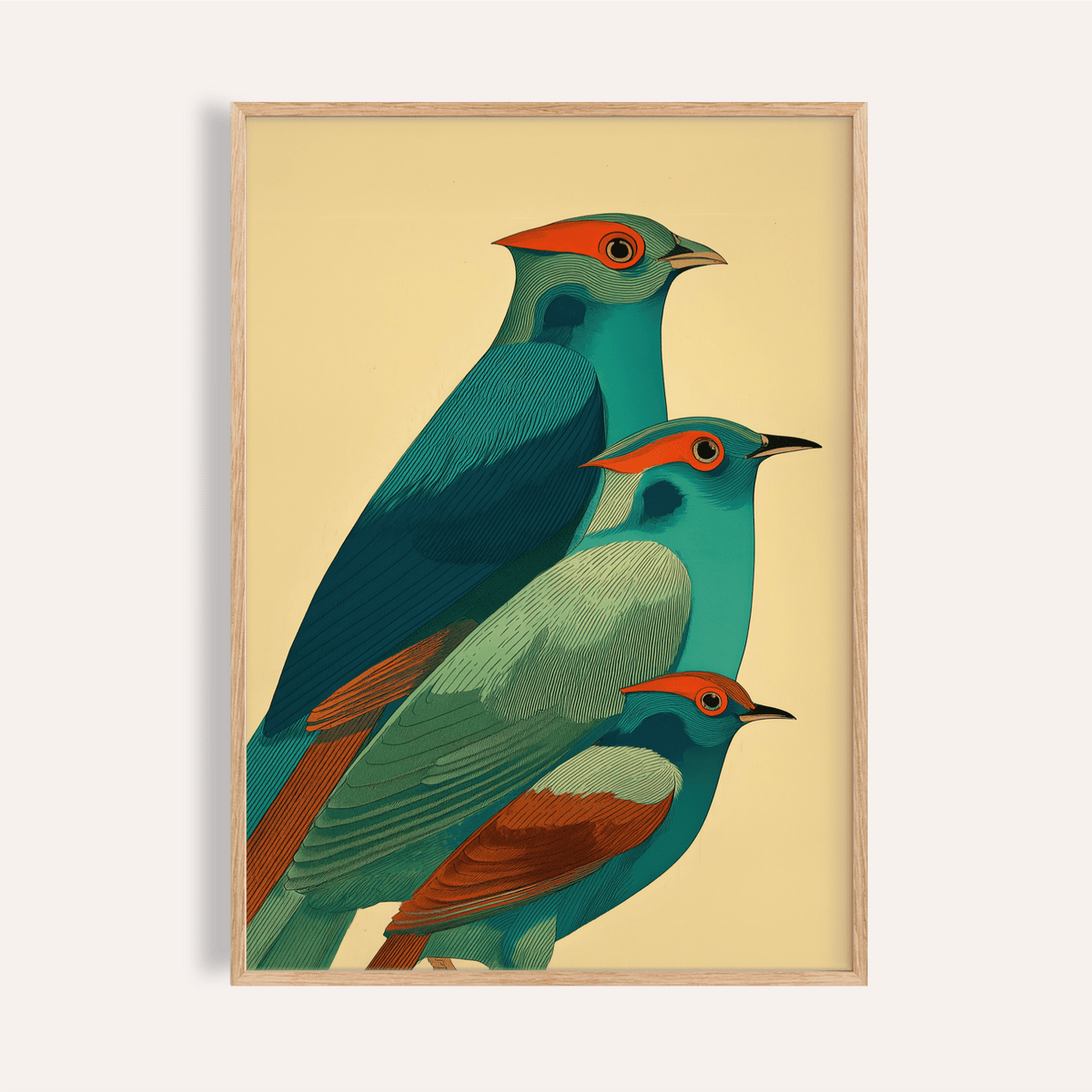 Featuring three stylized birds poster with fine line feather texture on an open background