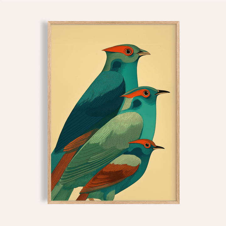 Featuring three stylized birds poster with fine line feather texture on an open background