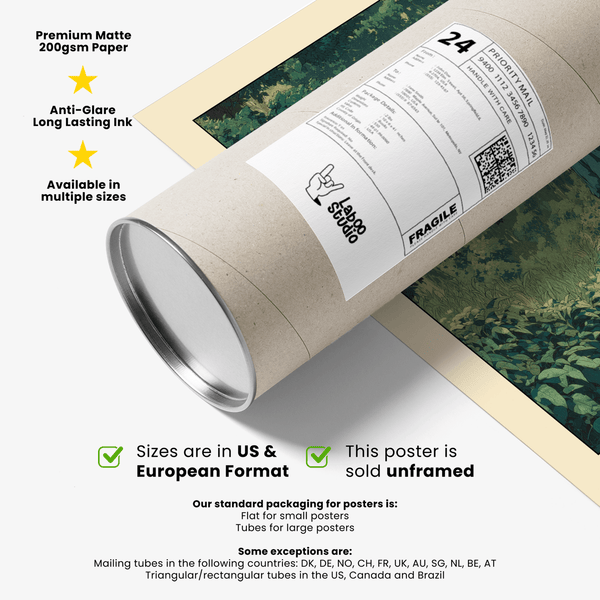 Gallery-style shot of Hasui Kawase vintage woodblock style print featuring quiet woodland path