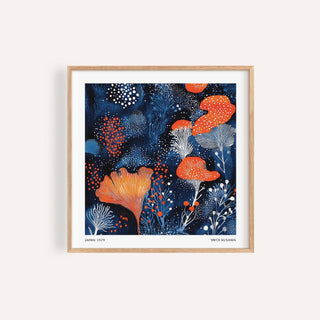 Graphic orange and blue wall art for unique living room styling.