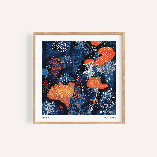 Graphic orange and blue wall art for unique living room styling.
