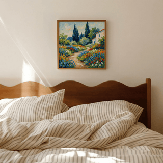 Vibrant Flower Art Print features orange and green in bedroom setting poster
