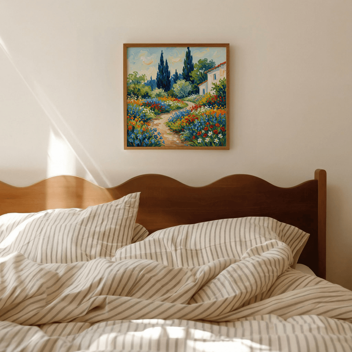 Vibrant Flower Art Print features orange and green in bedroom setting poster