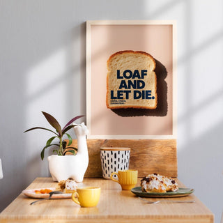 Quirky kitchen art featuring toast on a blush pink background with humorous typography.