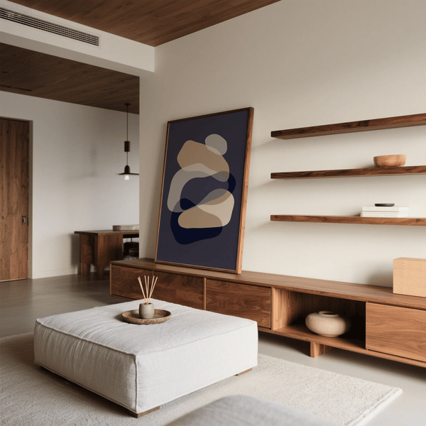 abstract art shapes in White and Blue for stylish lounge art print