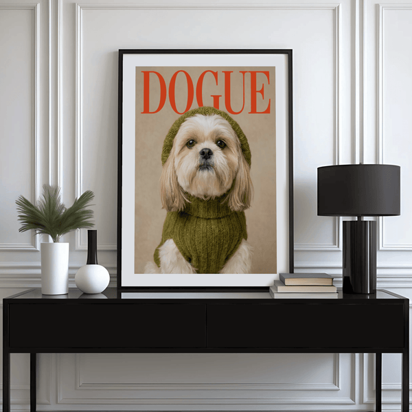 Shih Tzu Wall Print poster using Green, Red, Beige colors for entryway decoration