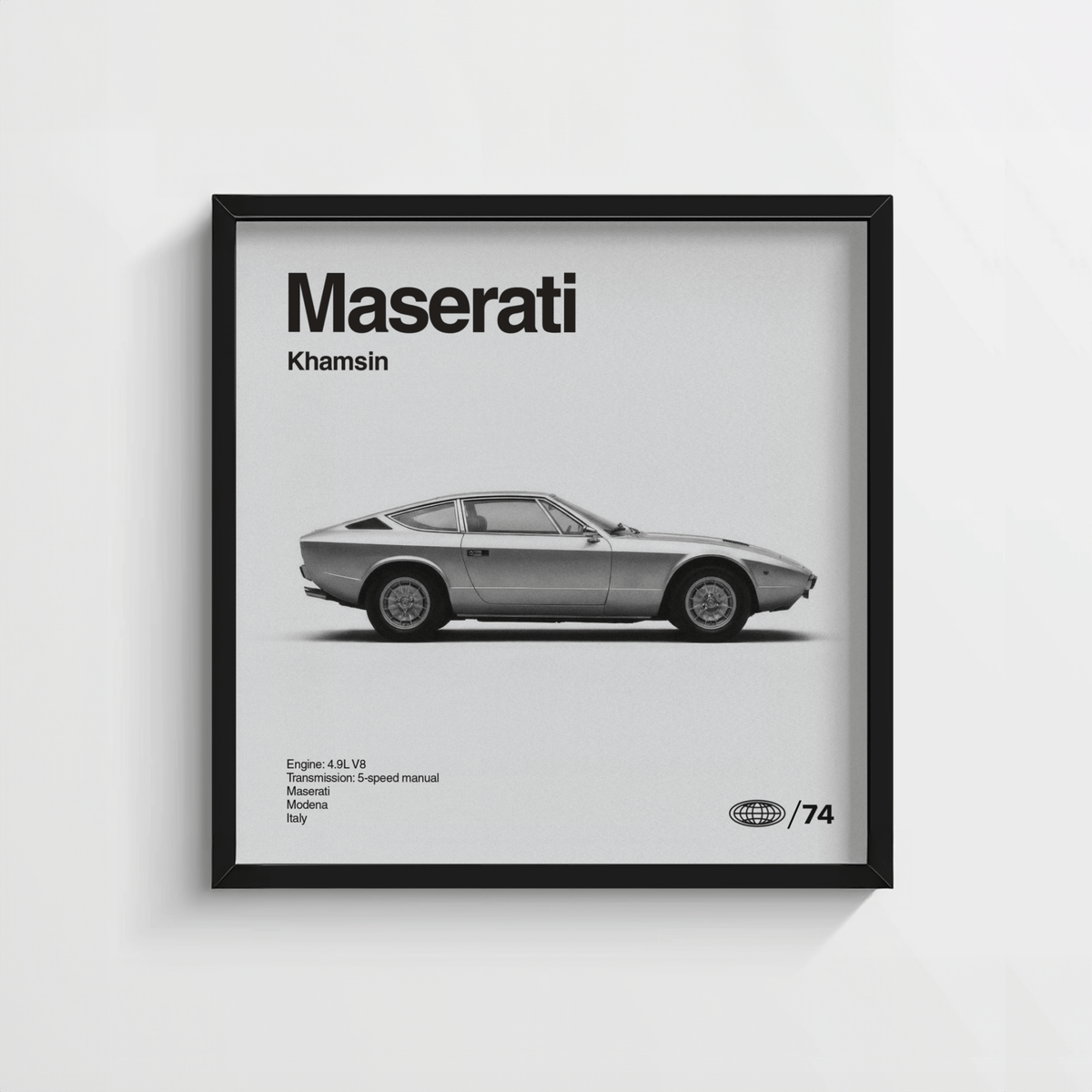 Automotive themed Maserati Khamsin Poster with Gray colors for study room print