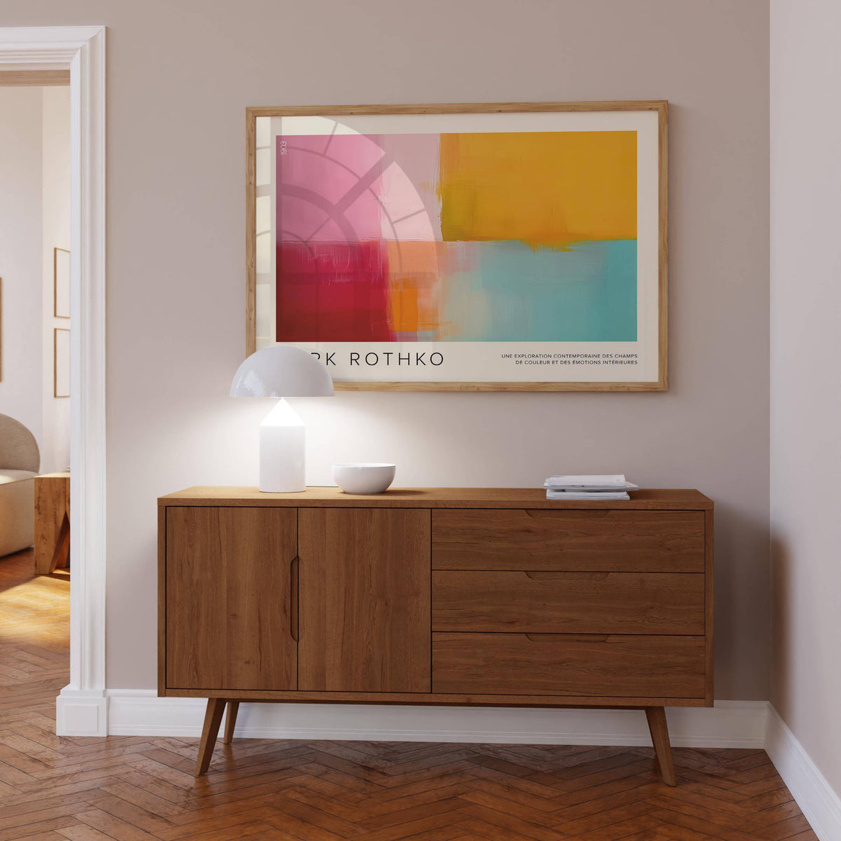 Modern colorful abstract art with pink, red, and yellow for creative spaces