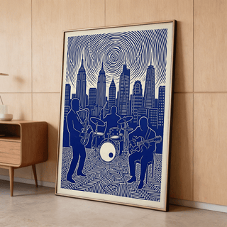 Minimal line art wall print showing drummer kit, sax player, and guitarist on patterned floor
