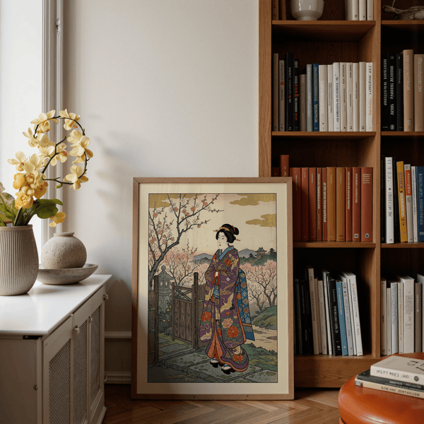 Close view of Floral Kimono Wall Art poster highlighting floral and bird motifs on the kimono fabric