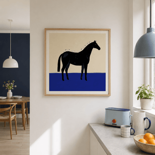 Black Horse Wall Art poster detail showing blue ground and bird line