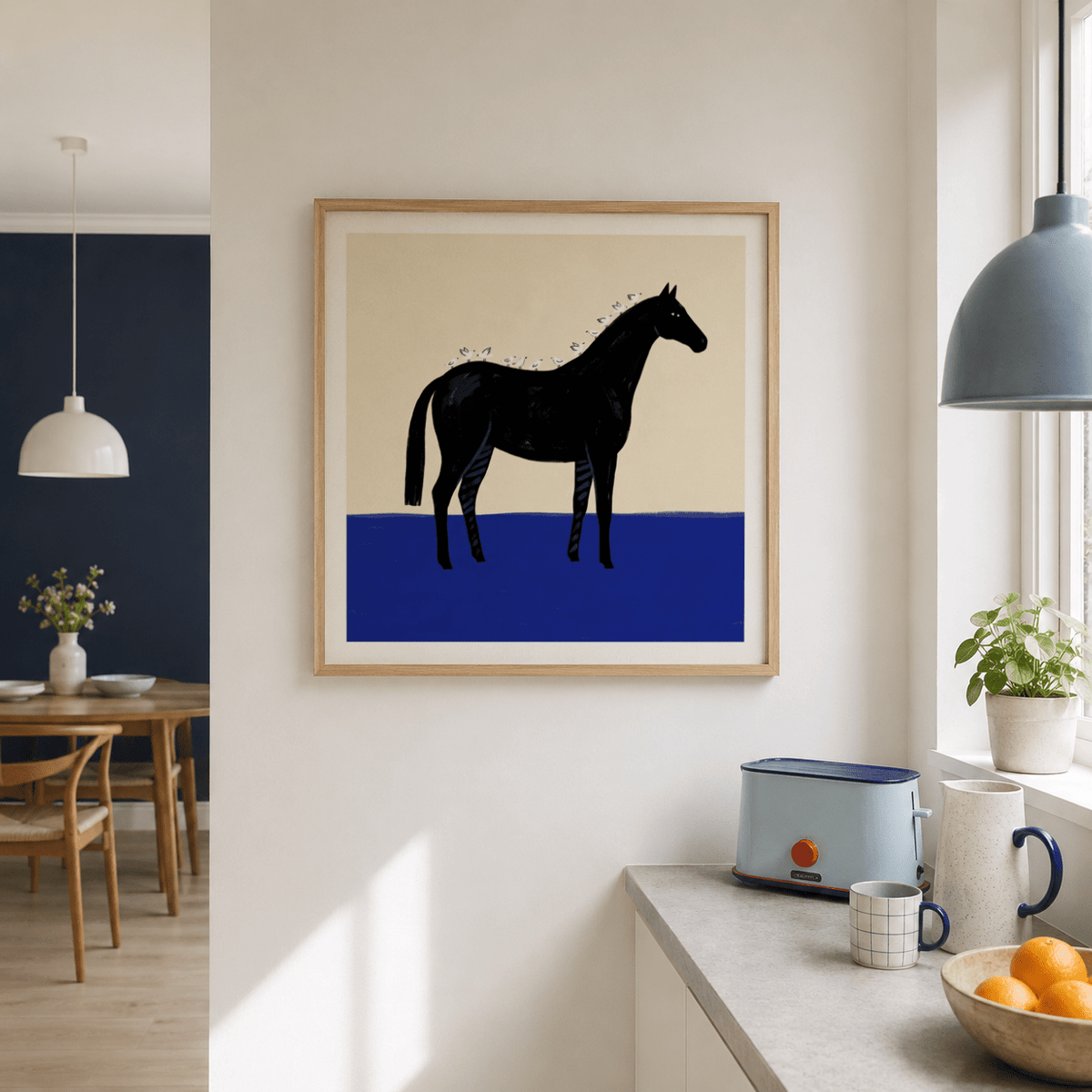 Black Horse Wall Art poster detail showing blue ground and bird line