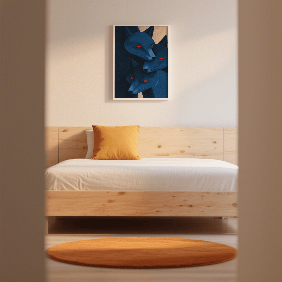 Blue Fox Art Print wall art with overlapping fox heads and negative space background