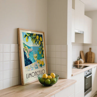 Amalfi coast artwork featuring limoncello and yellow lemons