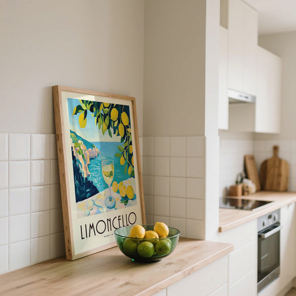 Amalfi coast artwork featuring limoncello and yellow lemons