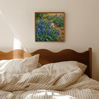 Blue Iris Art Print showcasing blue flowers for bedroom decor