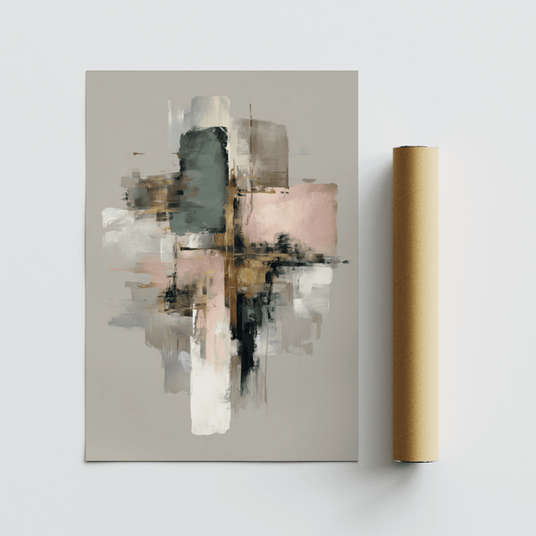 Modern Pink and Gold Abstract Art print with gold details, ideal for office walls