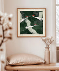 Red-crowned crane print with dotted green background.