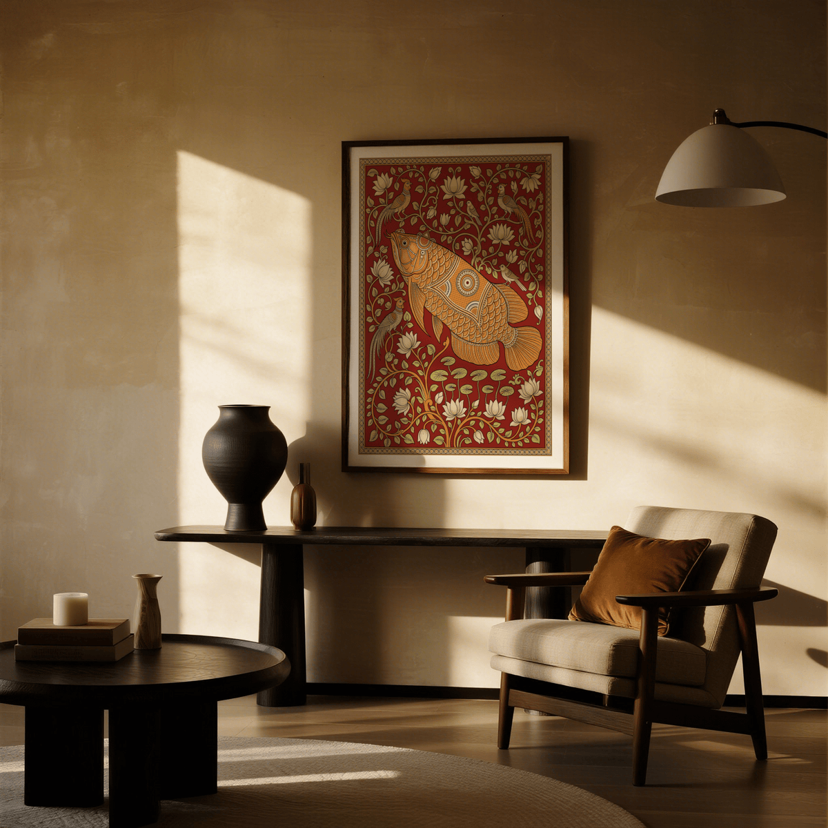 Detailed scaled fish wall art poster with lotus blossoms and leaves